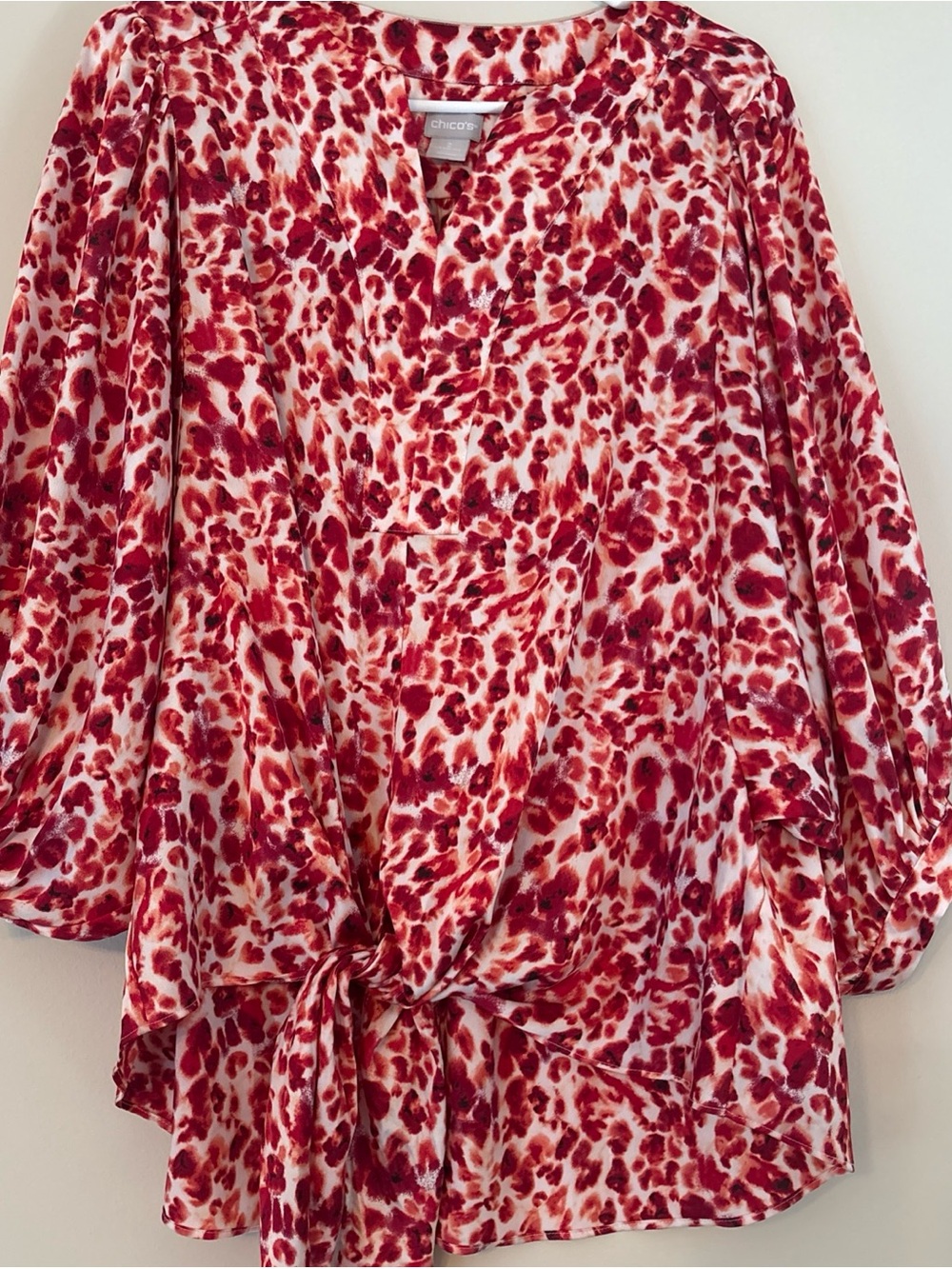 Chico's Red and White Tie-Front Printed Blouse with V-Neck